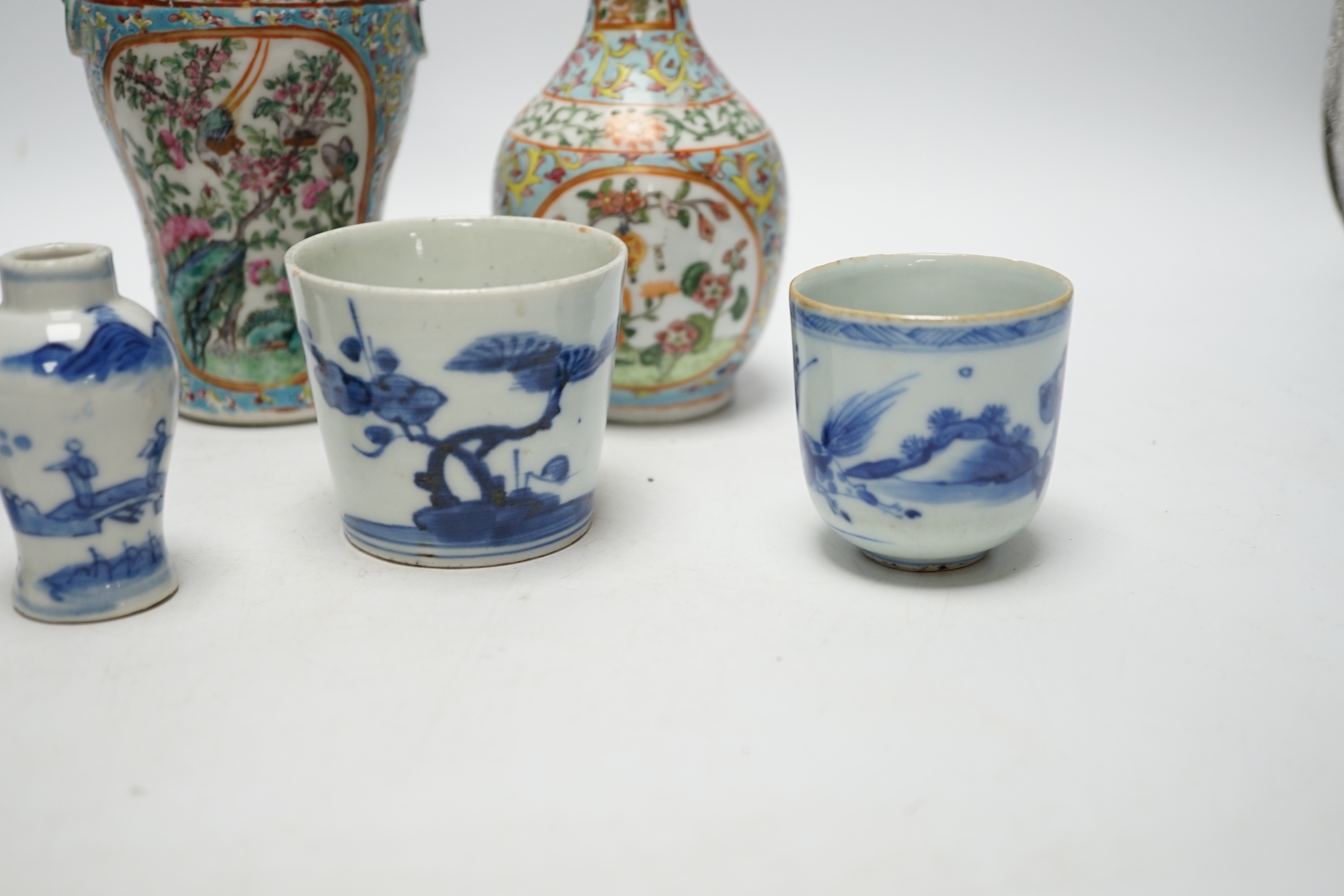 A group of Chinese famille rose small vases and blue and white items, late 19th/early 20th century (8) tallest 16cm